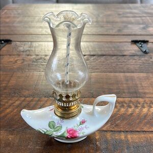 Vintage Glass Oil Lamp with Floral Design